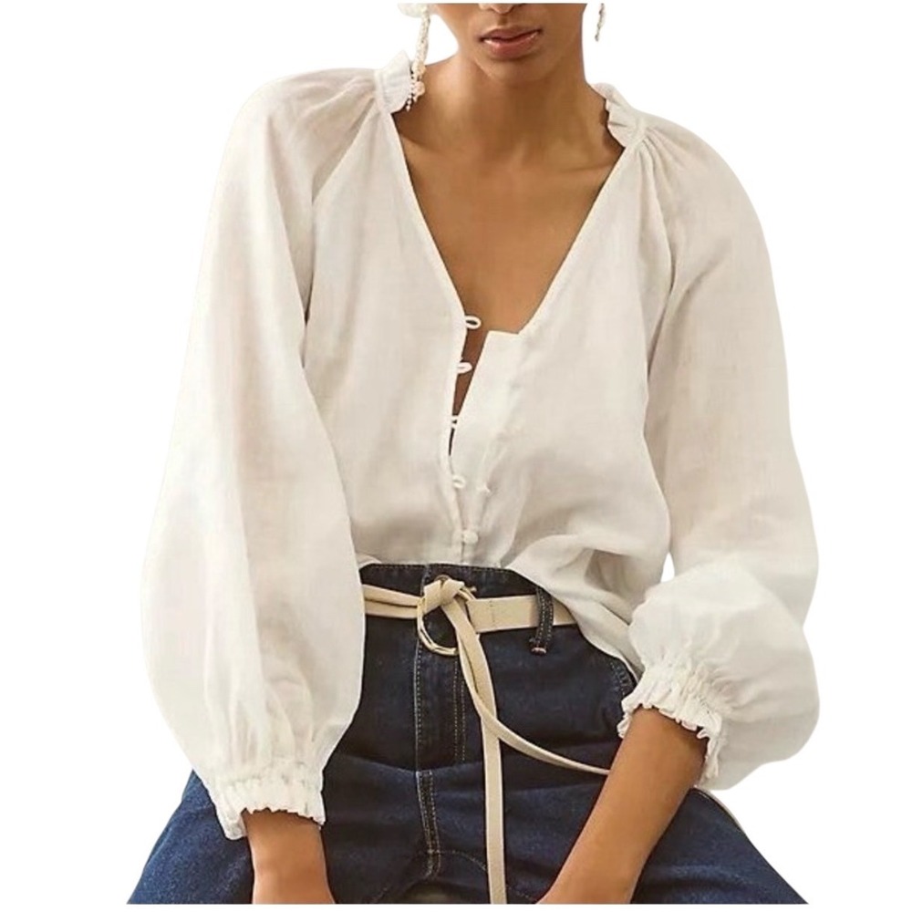 Maeve Anthropologie Audie White Linen Balloon‎ Sleeve Ruffle V-Neck Blouse Small